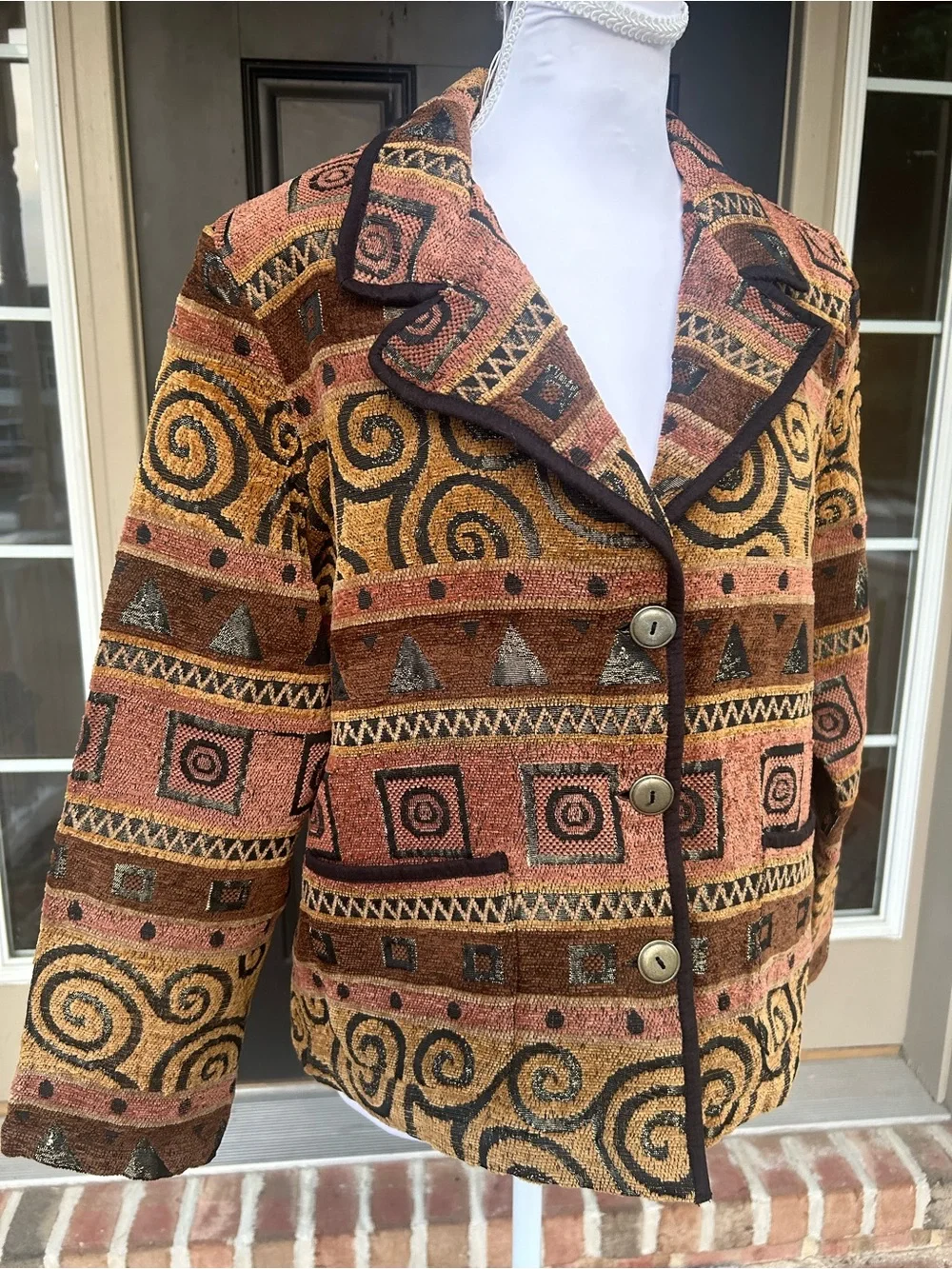Vintage 90s Brown Tan Woven Tapestry Button Front Jacket Western S M